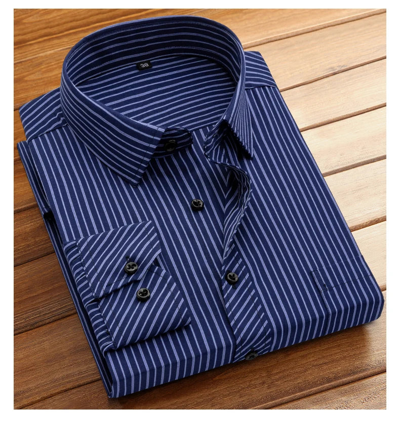 Men's formal long-sleeved office shirt. solid color striped with pockets anti-wrinkle no-iron