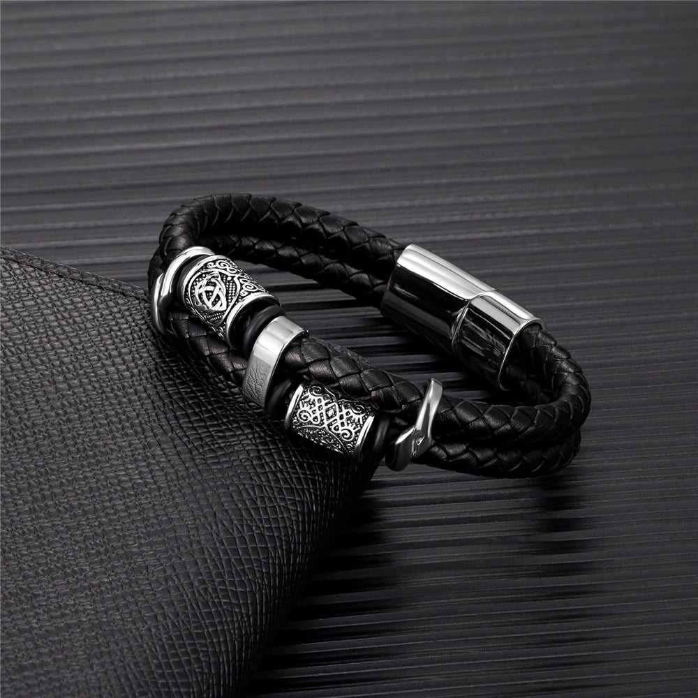 Punk Men Vikings Style Genuine Leather Bracelet Braided Multilayer Stainless Steel Norse Runes Bead Bangles Couple Jewelry Gift
