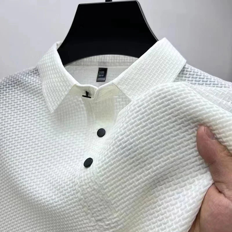 New Men's Business Casual Short Sleeved Bone Flower Solid Color POLO Shirt