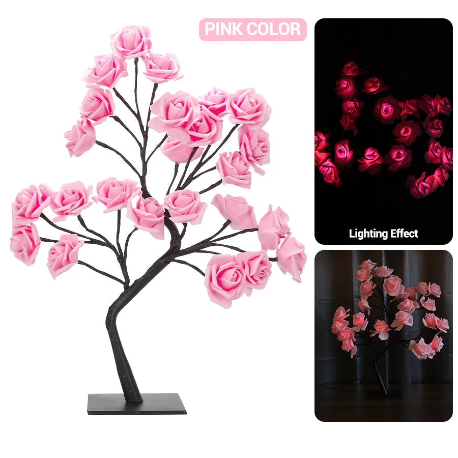 LED Rose Night Light,24-LED Floral Tree Lamp,USB-Powered,Romantic Desk Decor,Gift for Christmas,Birthday,Home,Party Decoration