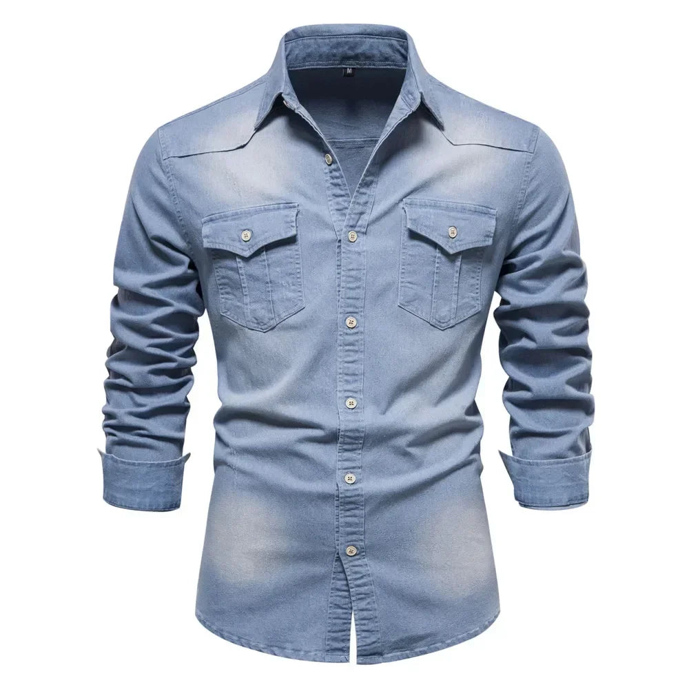 AIOPESON Brand Elastic Cotton Denim Shirt Men Long Sleeve Quality Cowboy Shirts for Men