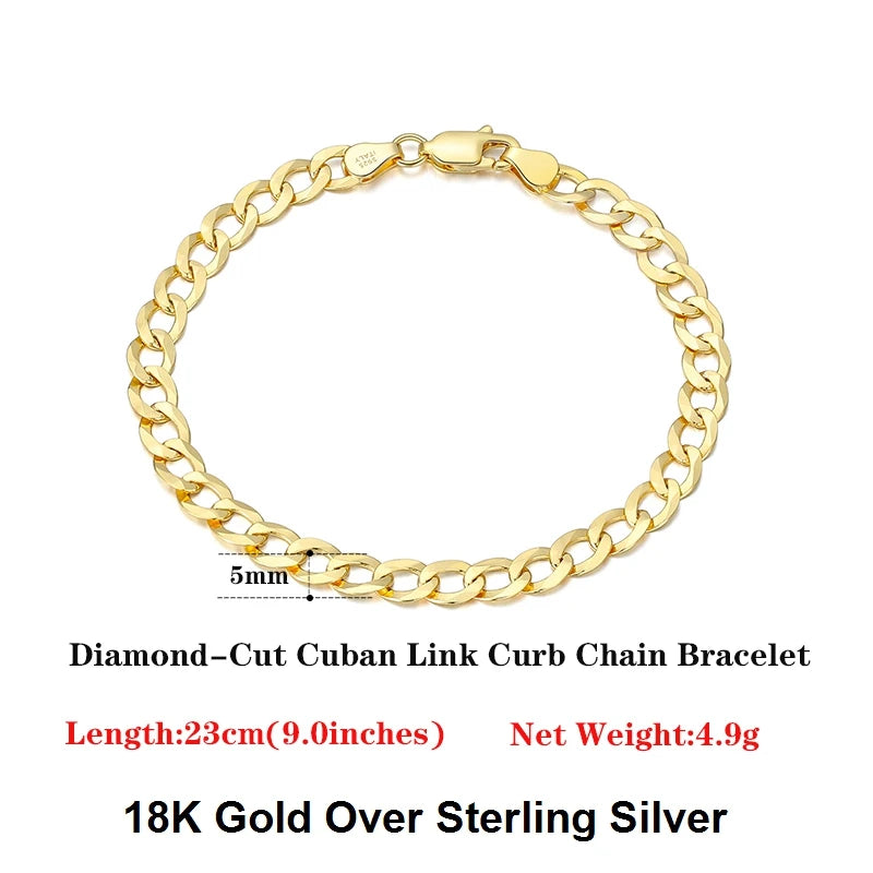 Rinntin 18K Gold Over 925 Sterling Silver 3mm Italian Cuban Chain Bracelet for Women Men Trendy Silver Bracelet Jewelry SB123