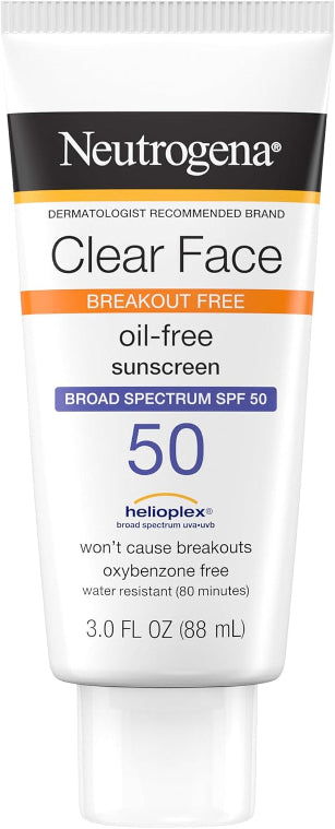 Clear Face Sunscreen Lotion for Acne-Prone Skin, Broad Spectrum SPF 50, Sunscreen for Face & Oily Skin, Oil-,Fragrance- & Oxybenzone-Free, Water Resistant, Matte, Unscented, 3 Fl Oz