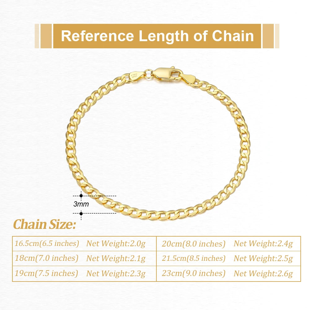 Rinntin 18K Gold Over 925 Sterling Silver 3mm Italian Cuban Chain Bracelet for Women Men Trendy Silver Bracelet Jewelry SB123