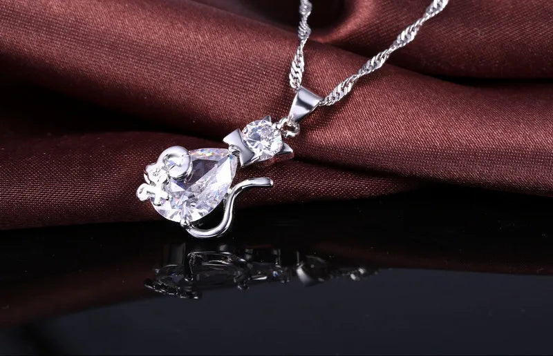 Cubic Zircon Sterling Silver Color Cute Cat Pendant Necklace Earrings Jewelry Set.