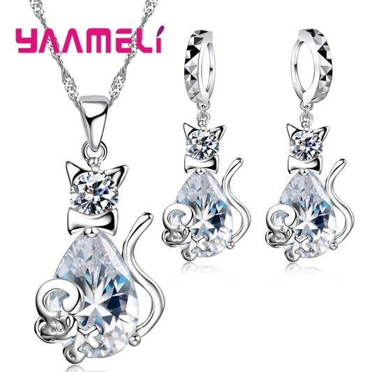 Cubic Zircon Sterling Silver Color Cute Cat Pendant Necklace Earrings Jewelry Set.