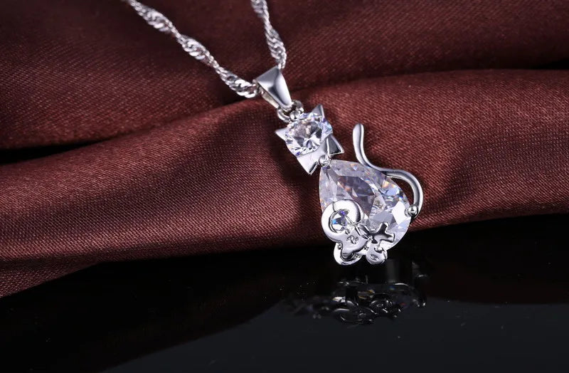 Cubic Zircon Sterling Silver Color Cute Cat Pendant Necklace Earrings Jewelry Set.