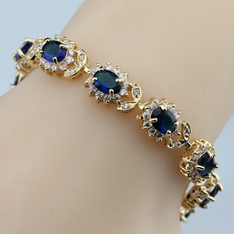 12-Colors African Women Wedding 18K Gold Plated Jewelry With Blue Stone Female Bracelet Bangle Adjustable Length 18+3 CM