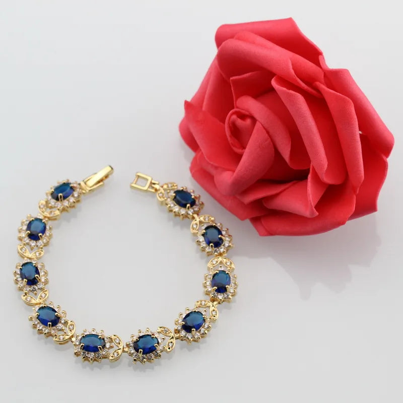12-Colors African Women Wedding 18K Gold Plated Jewelry With Blue Stone Female Bracelet Bangle Adjustable Length 18+3 CM