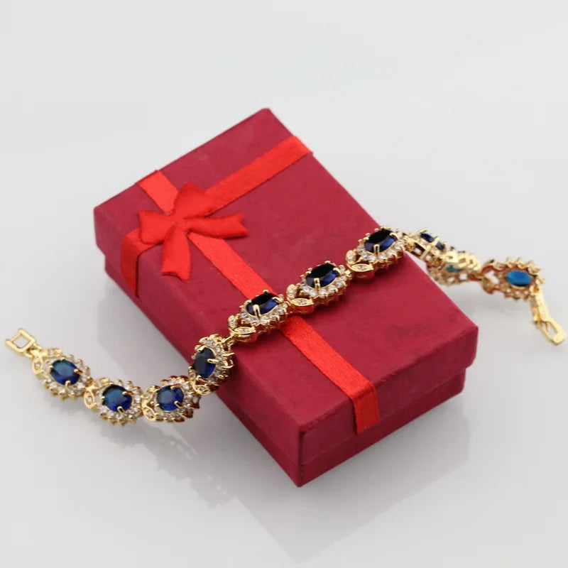 12-Colors African Women Wedding 18K Gold Plated Jewelry With Blue Stone Female Bracelet Bangle Adjustable Length 18+3 CM