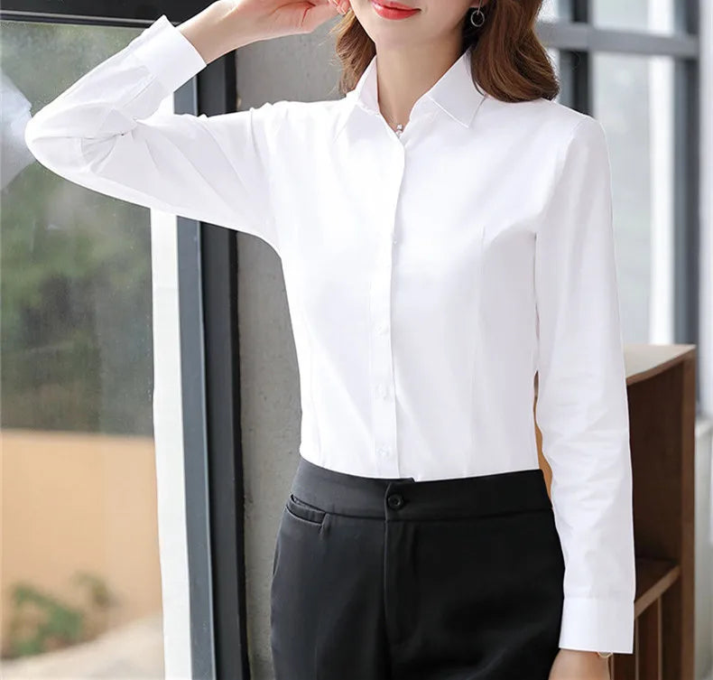 Elegant Woman White Long Sleeve Office Shirt