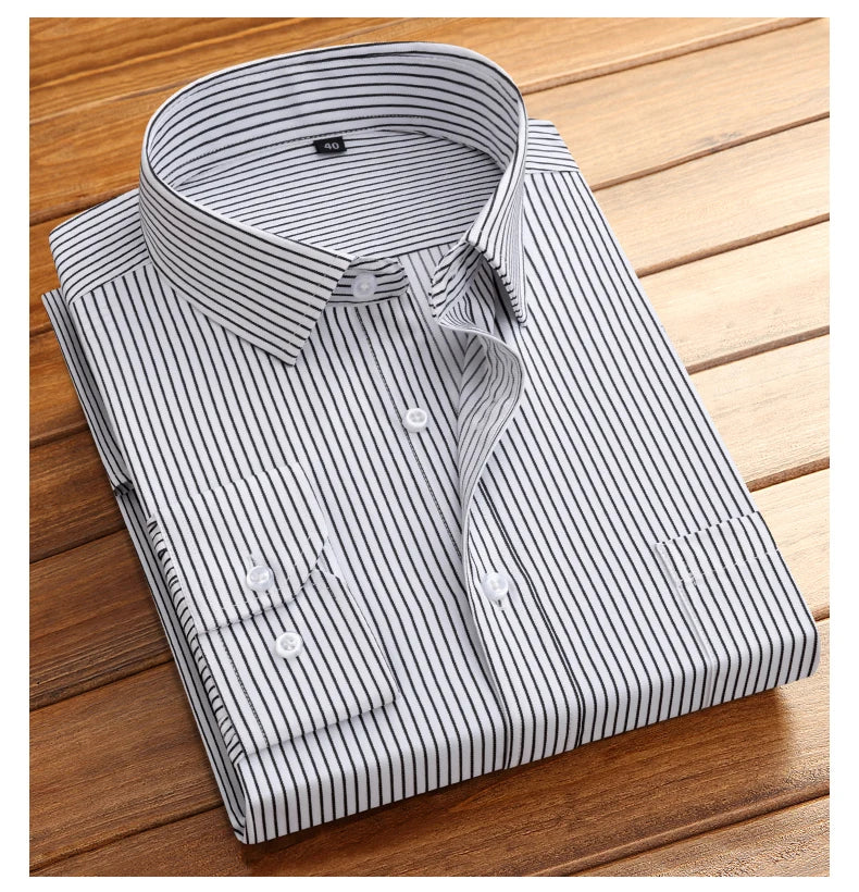 Men's formal long-sleeved office shirt. solid color striped with pockets anti-wrinkle no-iron
