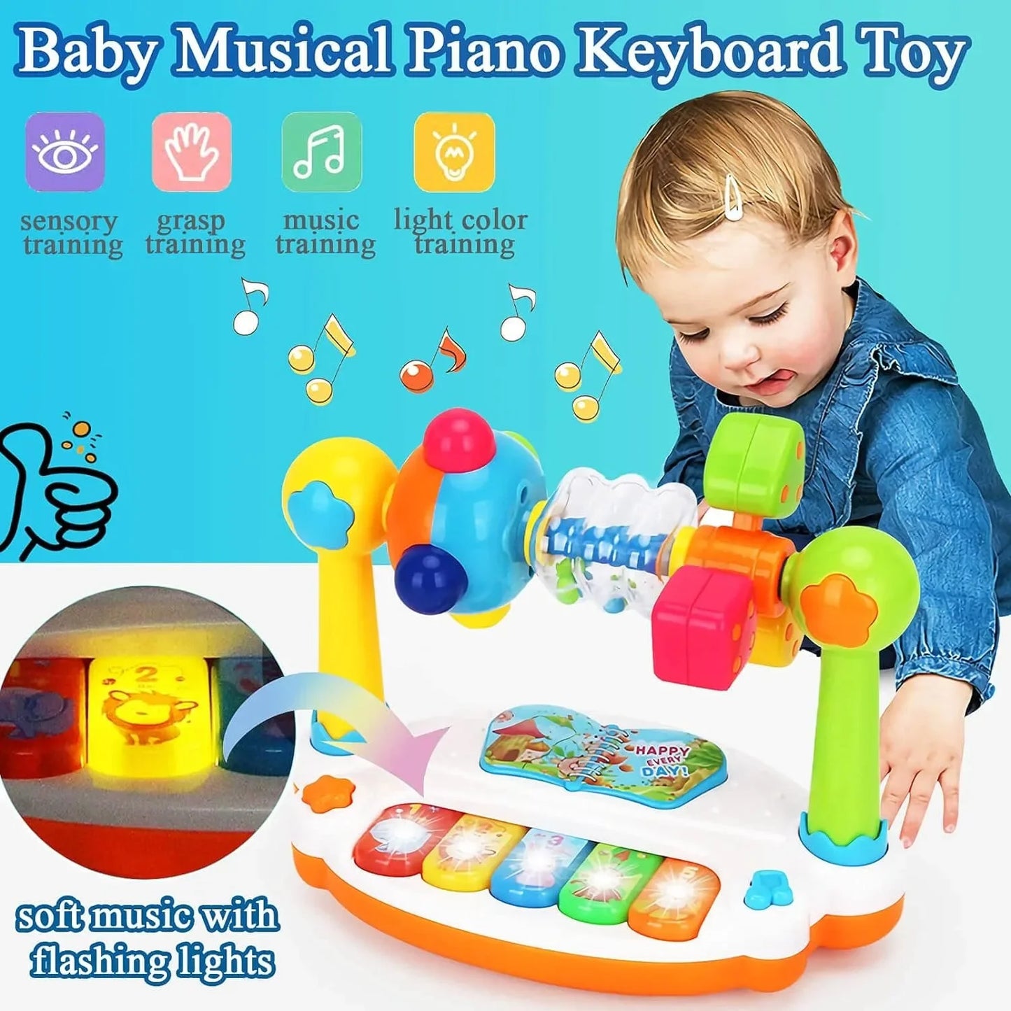 Baby Piano Toys Kids Rotating Music Piano Keyboard with Light Sound, Musical Toys .