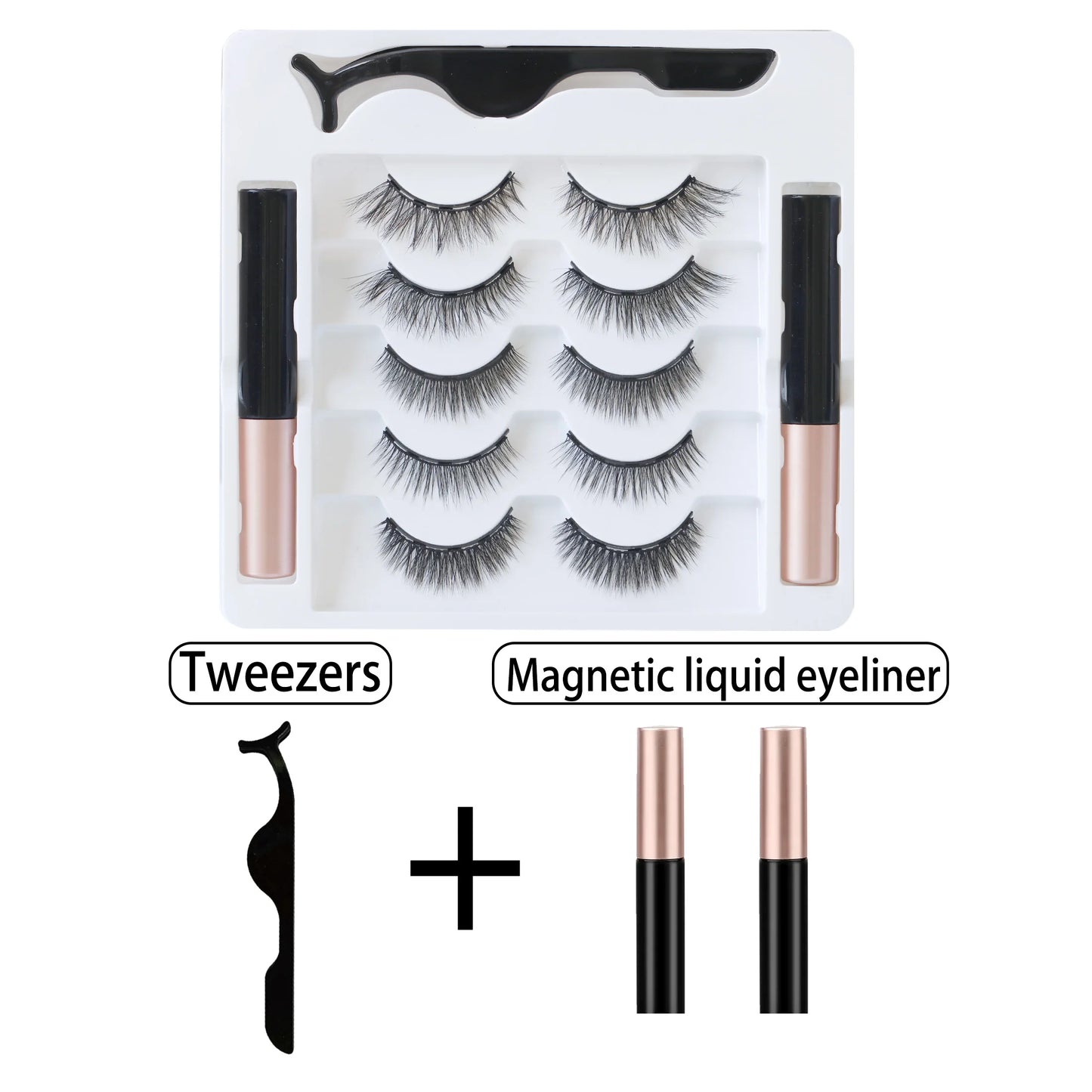 5 rows of 10 pairs of magnetic false eyelashes, 10-15mm, naturally thick and curled black eyelashes, with magnetic eyeliner