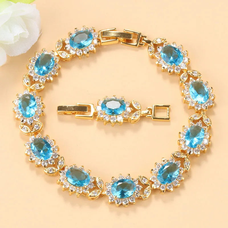 12-Colors African Women Wedding 18K Gold Plated Jewelry With Blue Stone Female Bracelet Bangle Adjustable Length 18+3 CM