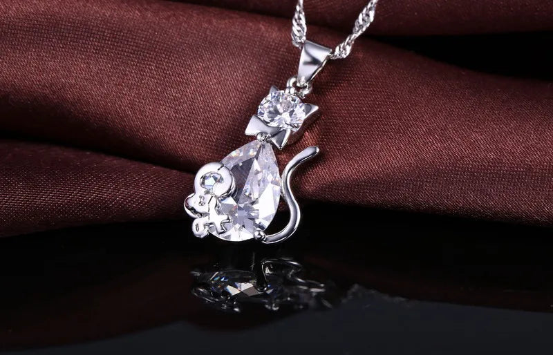 Cubic Zircon Sterling Silver Color Cute Cat Pendant Necklace Earrings Jewelry Set.