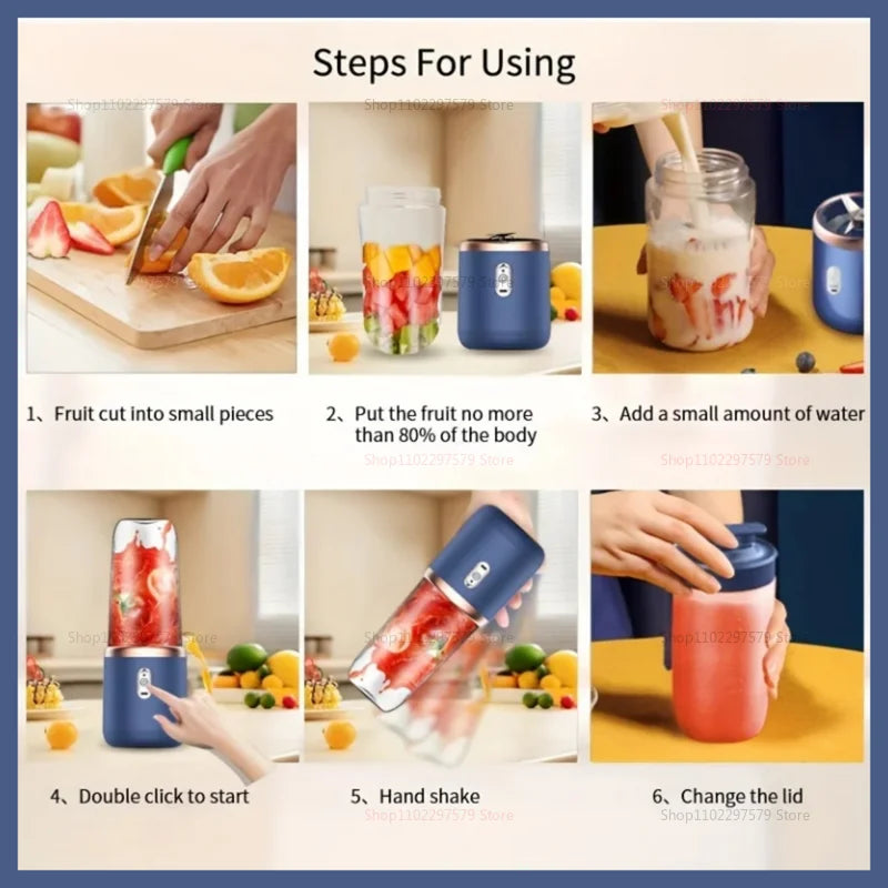 6 Blades Portable Blender 2Cups For Travel Portable Electric Juicer Mixer Usb Charge Fresh Fruit Juice Personal Blender Smoothie
