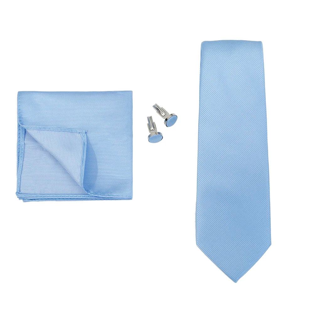 Necktie Fashion Brand Handmade Solid Necktie Handkerchief Cufflinks Set for Men
