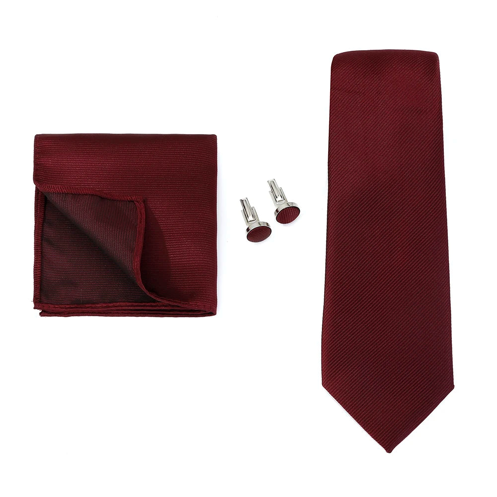 Necktie Fashion Brand Handmade Solid Necktie Handkerchief Cufflinks Set for Men