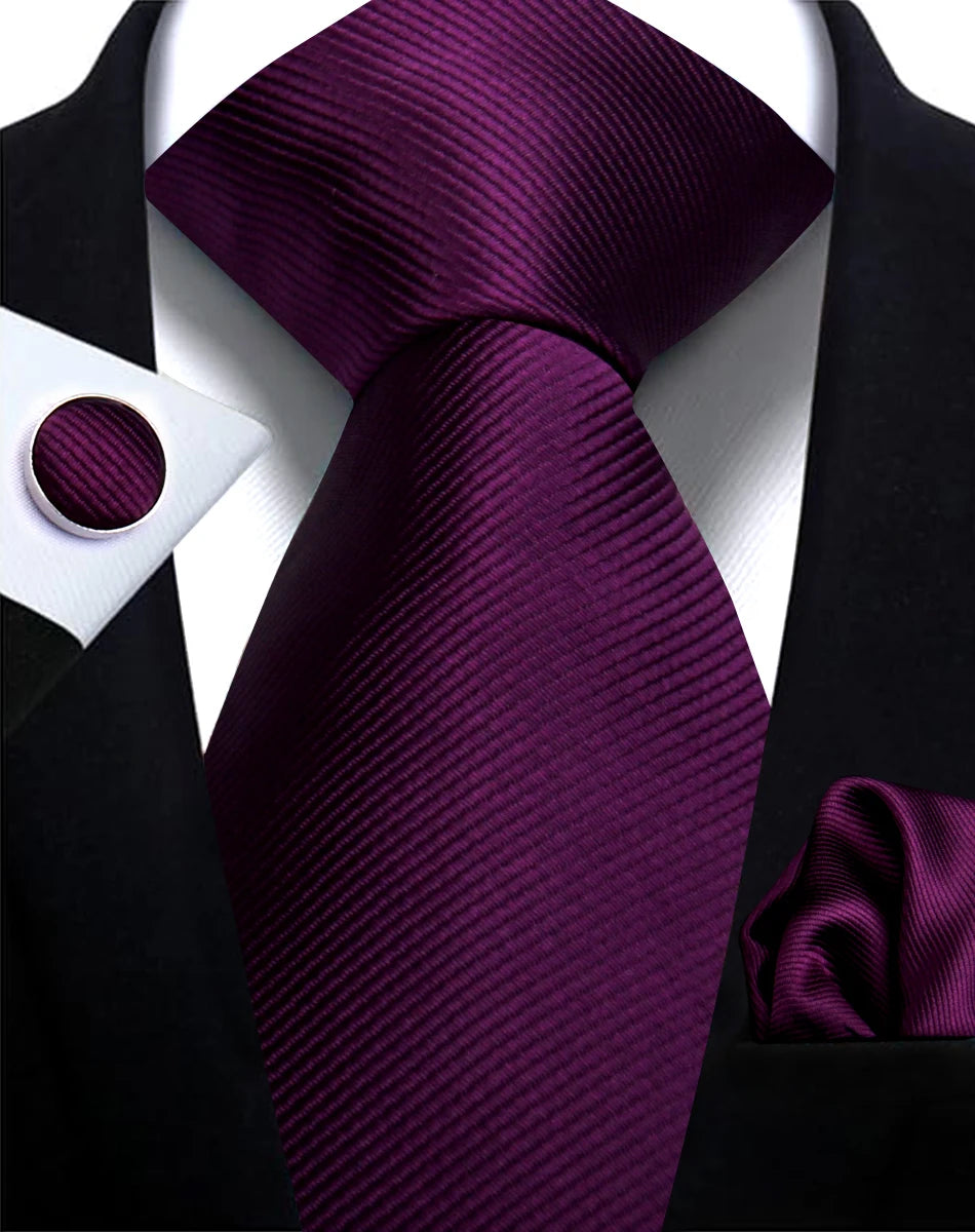 Necktie Fashion Brand Handmade Solid Necktie Handkerchief Cufflinks Set for Men