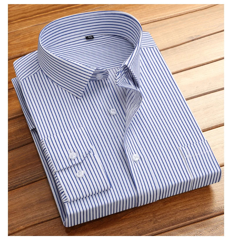 Men's formal long-sleeved office shirt. solid color striped with pockets anti-wrinkle no-iron