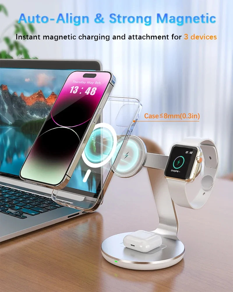 30W 3-in-1 Magnetic Wireless Charger Stand – Fast Charging Station for MagSafe iPhone 16/15/14/13 Pro Max, Apple Watch 8/7 & AirPods Pro