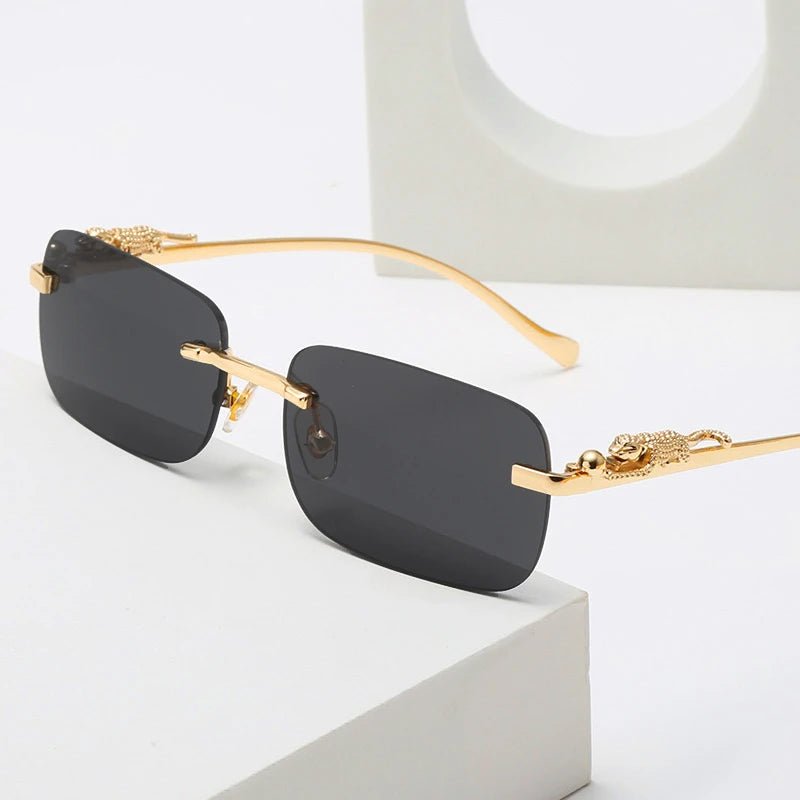 Gold Black Rectangular Sunglasses With Metal Hinge Rimless Metal sunglasses Summer fashion