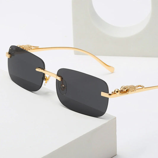 Gold Black Rectangular Sunglasses With Metal Hinge Rimless Metal sunglasses Summer fashion