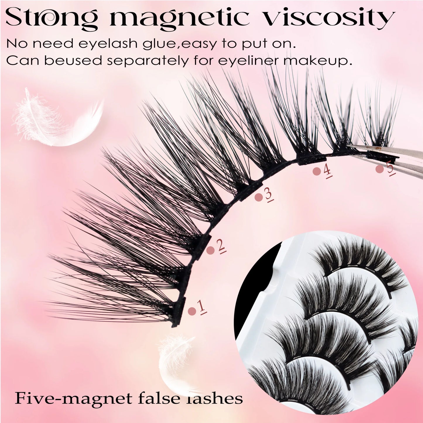 5 rows of 10 pairs of magnetic false eyelashes, 10-15mm, naturally thick and curled black eyelashes, with magnetic eyeliner