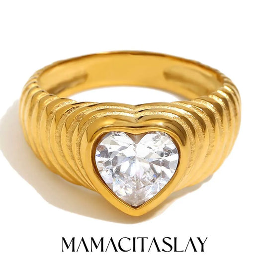 MamacitaSlay New Trends Classic Heart AAA Zircon Wedding Rings 18K Gold Plated Stainless Steel Jewelry Women's High Quality Gift