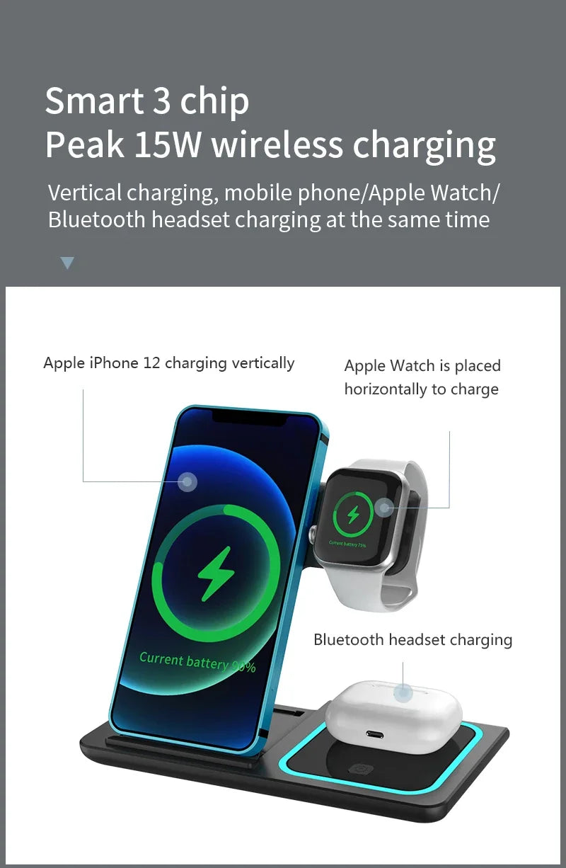3-in-1 Wireless Charging Station – 15W Fast Foldable Travel Charger for iPhone 12–15, Apple Watch & AirPods | Portable Magnetic Charging Pad