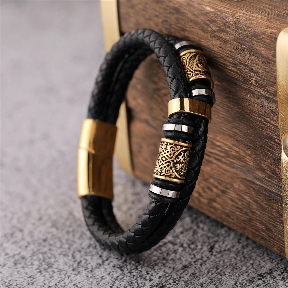 Punk Men Vikings Style Genuine Leather Bracelet Braided Multilayer Stainless Steel Norse Runes Bead Bangles Couple Jewelry Gift