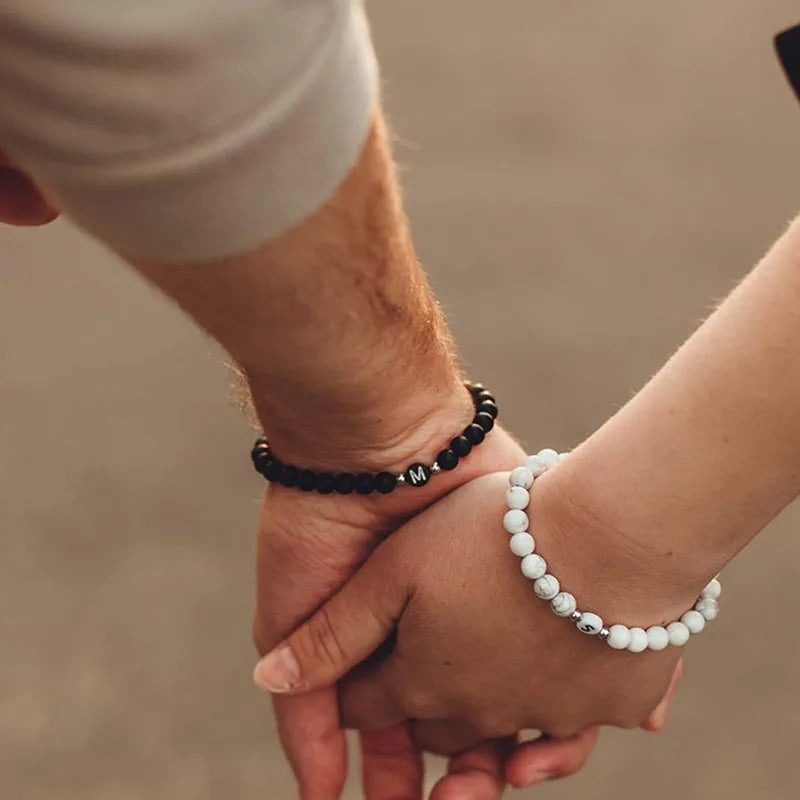 Initial Bracelet for Men and Woman Black Onyx 6mm Beads Bracelet with Letter Relationship Jewelry for Couples Alphabet bracelet