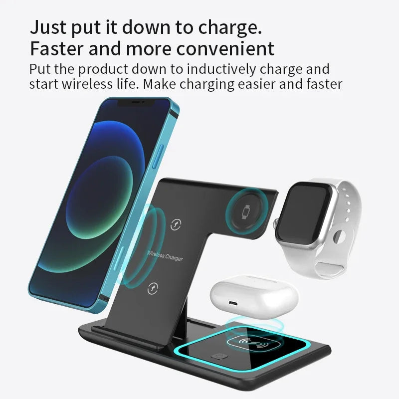 3-in-1 Wireless Charging Station – 15W Fast Foldable Travel Charger for iPhone 12–15, Apple Watch & AirPods | Portable Magnetic Charging Pad