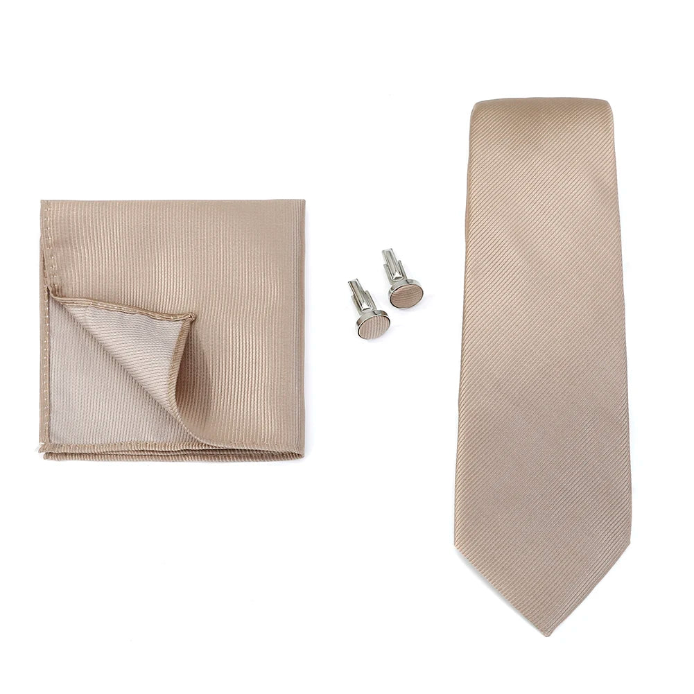 Necktie Fashion Brand Handmade Solid Necktie Handkerchief Cufflinks Set for Men