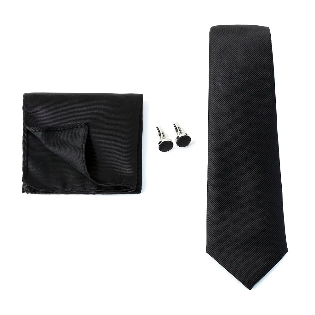 Necktie Fashion Brand Handmade Solid Necktie Handkerchief Cufflinks Set for Men