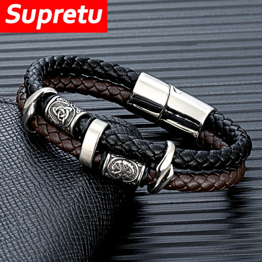 Viking Leather Bracelet for Men – Double Layer Genuine Leather with Norse Runes & Compass Charm