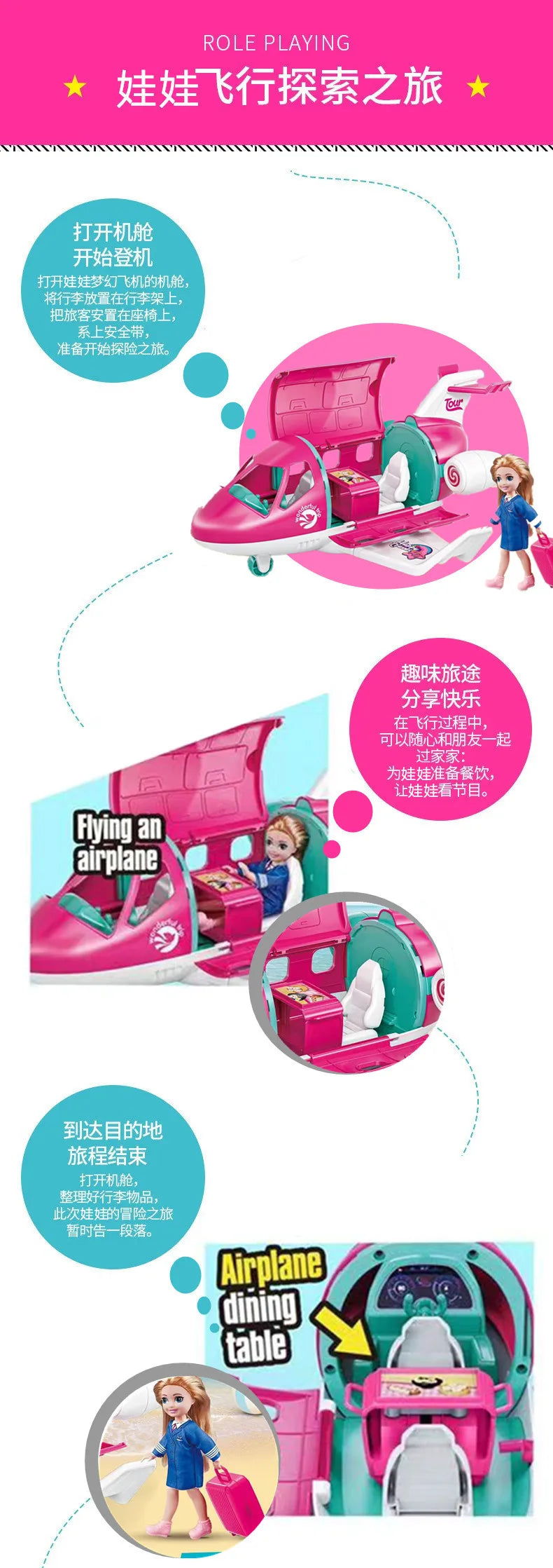 Cute Playset Doll with Travel Airplane and Accessories Suitcase.