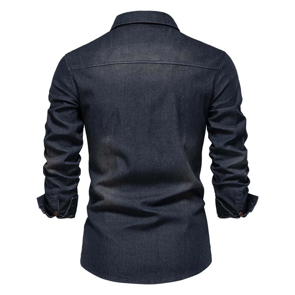 AIOPESON Brand Elastic Cotton Denim Shirt Men Long Sleeve Quality Cowboy Shirts for Men