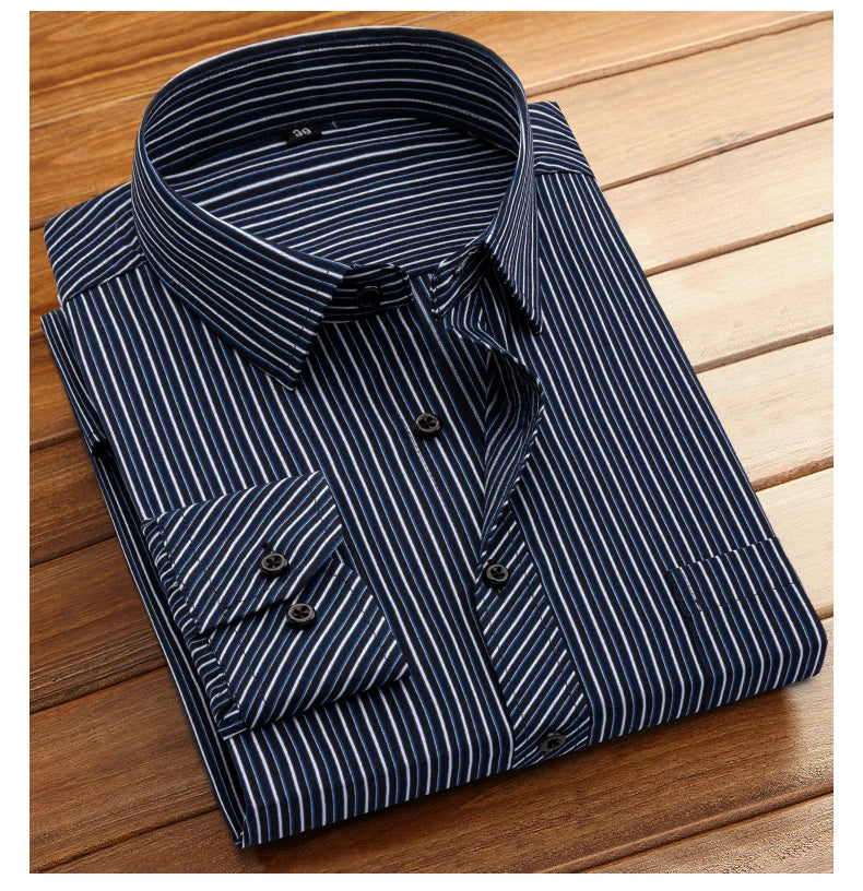 Men's formal long-sleeved office shirt. solid color striped with pockets anti-wrinkle no-iron