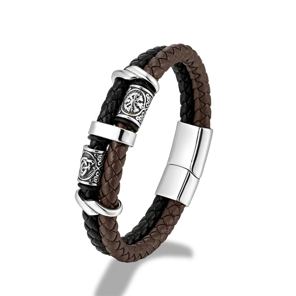 Viking Leather Bracelet for Men – Double Layer Genuine Leather with Norse Runes & Compass Charm