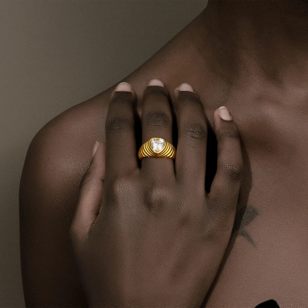 MamacitaSlay New Trends Classic Heart AAA Zircon Wedding Rings 18K Gold Plated Stainless Steel Jewelry Women's High Quality Gift