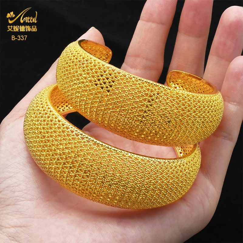 ANIID Dubai 24k Golden Cuff Bangles For Women African Luxury Charm Bracelet Bangles Nigerian Wedding Gold Color Jewelry Gifts