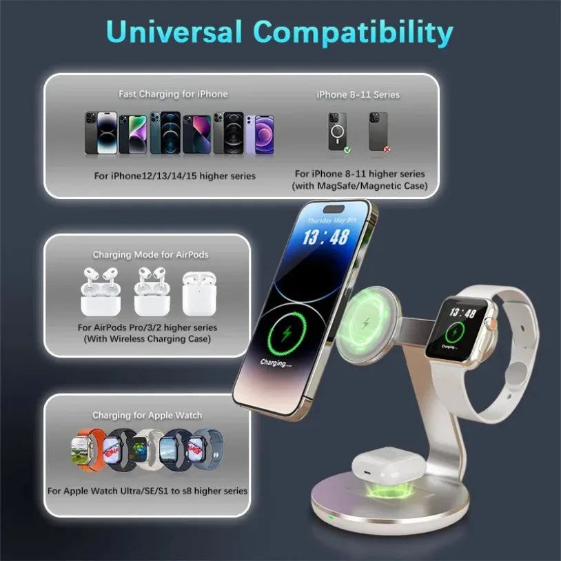 30W 3-in-1 Magnetic Wireless Charger Stand – Fast Charging Station for MagSafe iPhone 16/15/14/13 Pro Max, Apple Watch 8/7 & AirPods Pro