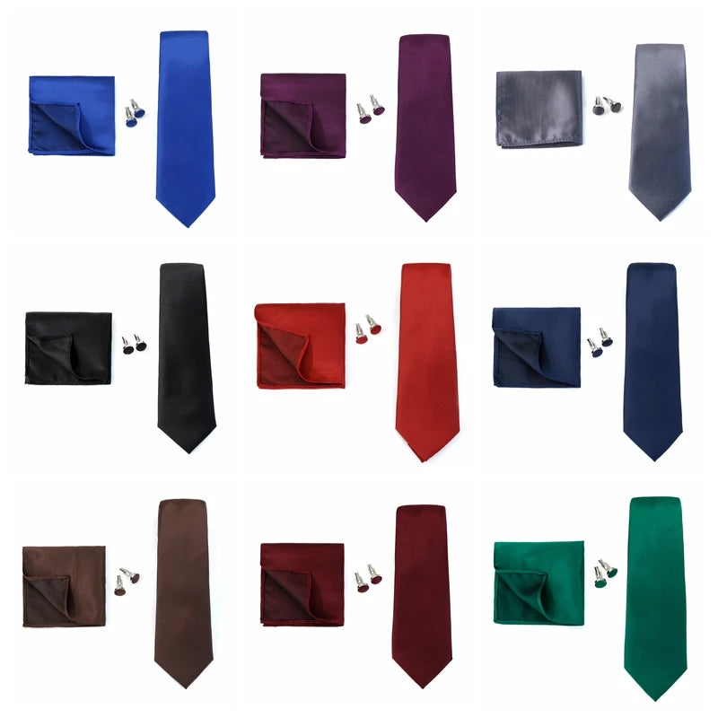 Necktie Fashion Brand Handmade Solid Necktie Handkerchief Cufflinks Set for Men