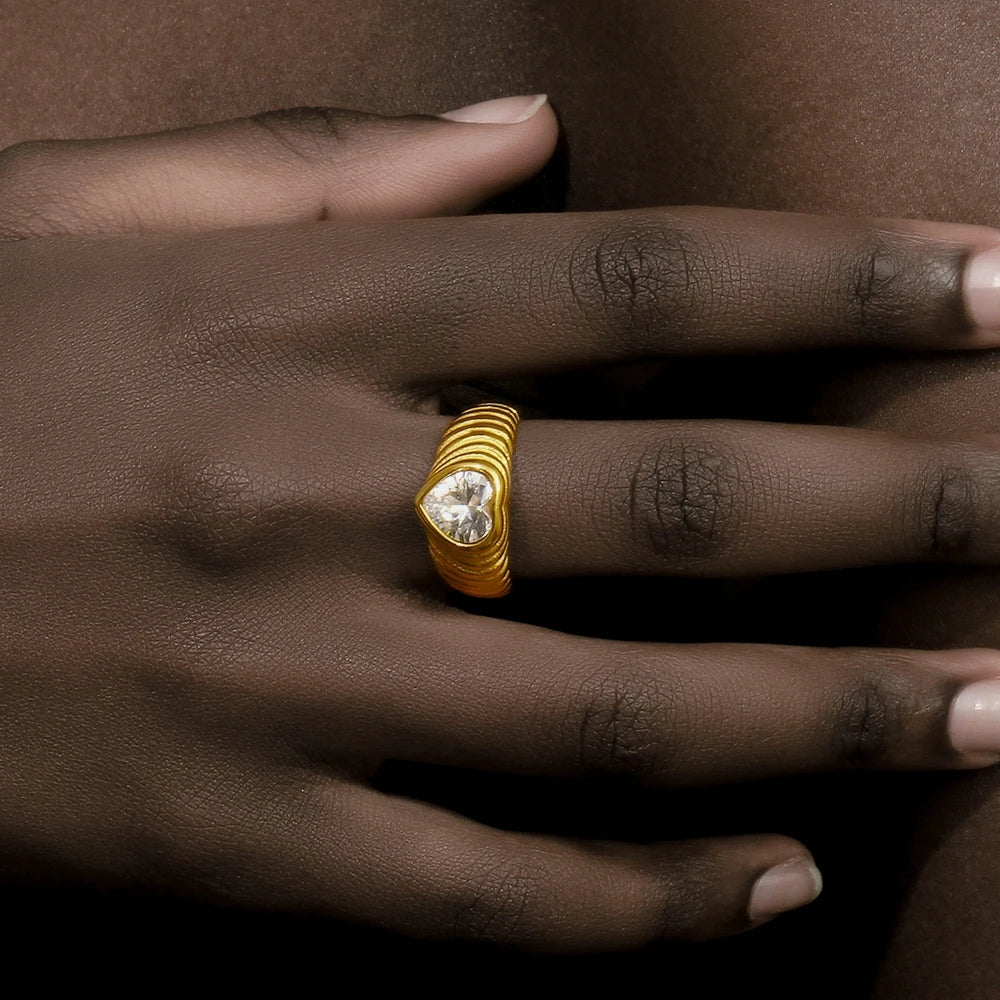 MamacitaSlay New Trends Classic Heart AAA Zircon Wedding Rings 18K Gold Plated Stainless Steel Jewelry Women's High Quality Gift