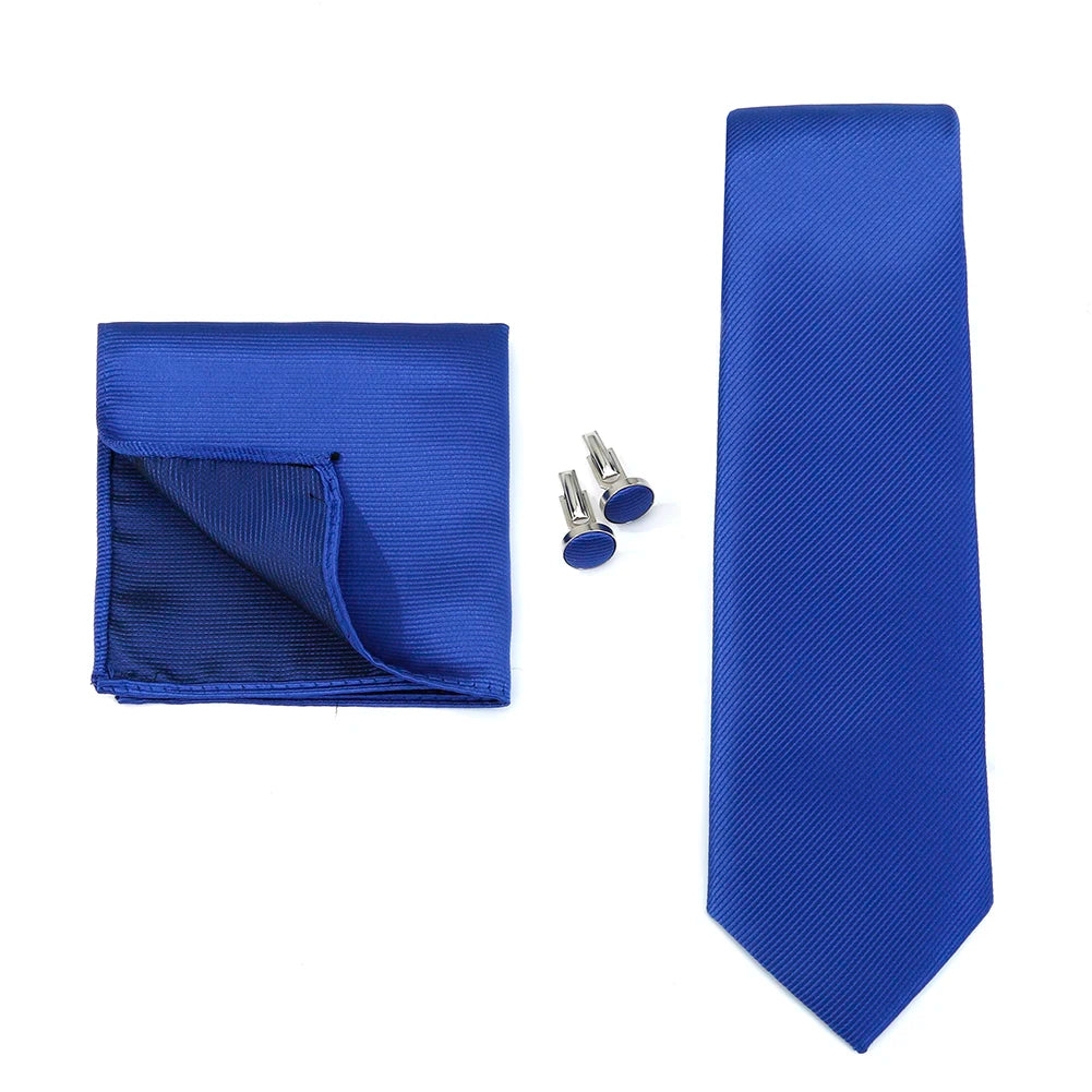 Necktie Fashion Brand Handmade Solid Necktie Handkerchief Cufflinks Set for Men