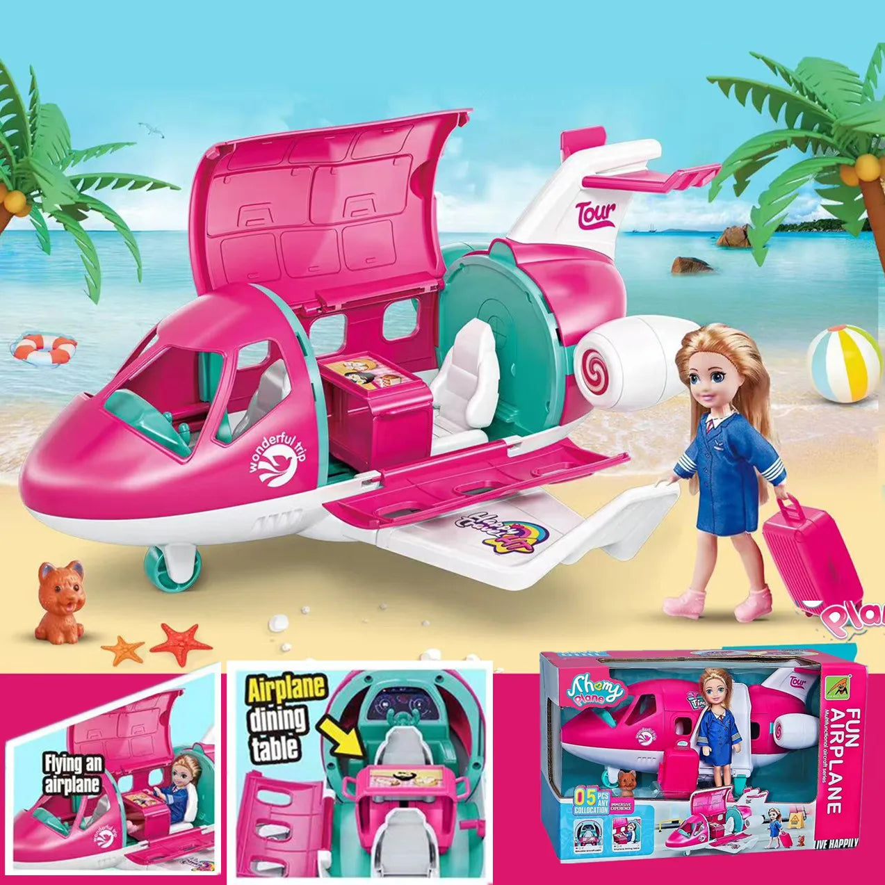 Cute Playset Doll with Travel Airplane and Accessories Suitcase.