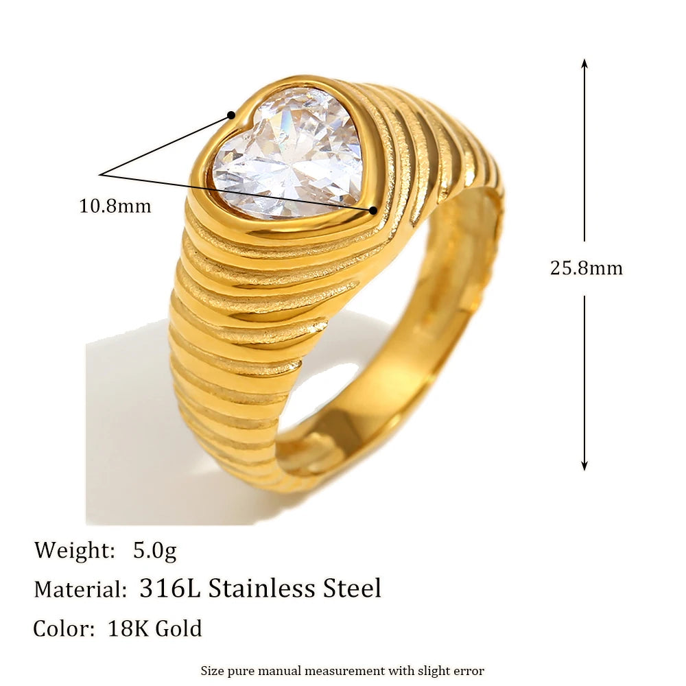 MamacitaSlay New Trends Classic Heart AAA Zircon Wedding Rings 18K Gold Plated Stainless Steel Jewelry Women's High Quality Gift