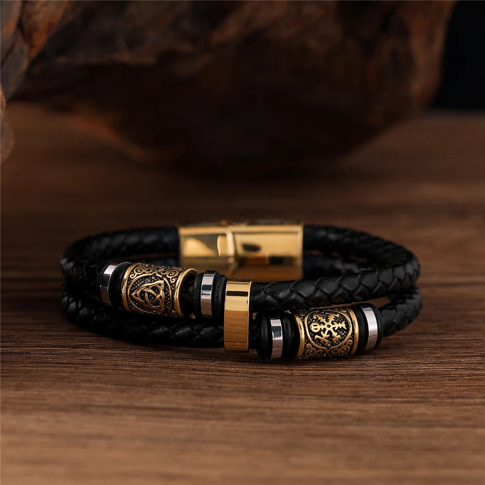Punk Men Vikings Style Genuine Leather Bracelet Braided Multilayer Stainless Steel Norse Runes Bead Bangles Couple Jewelry Gift